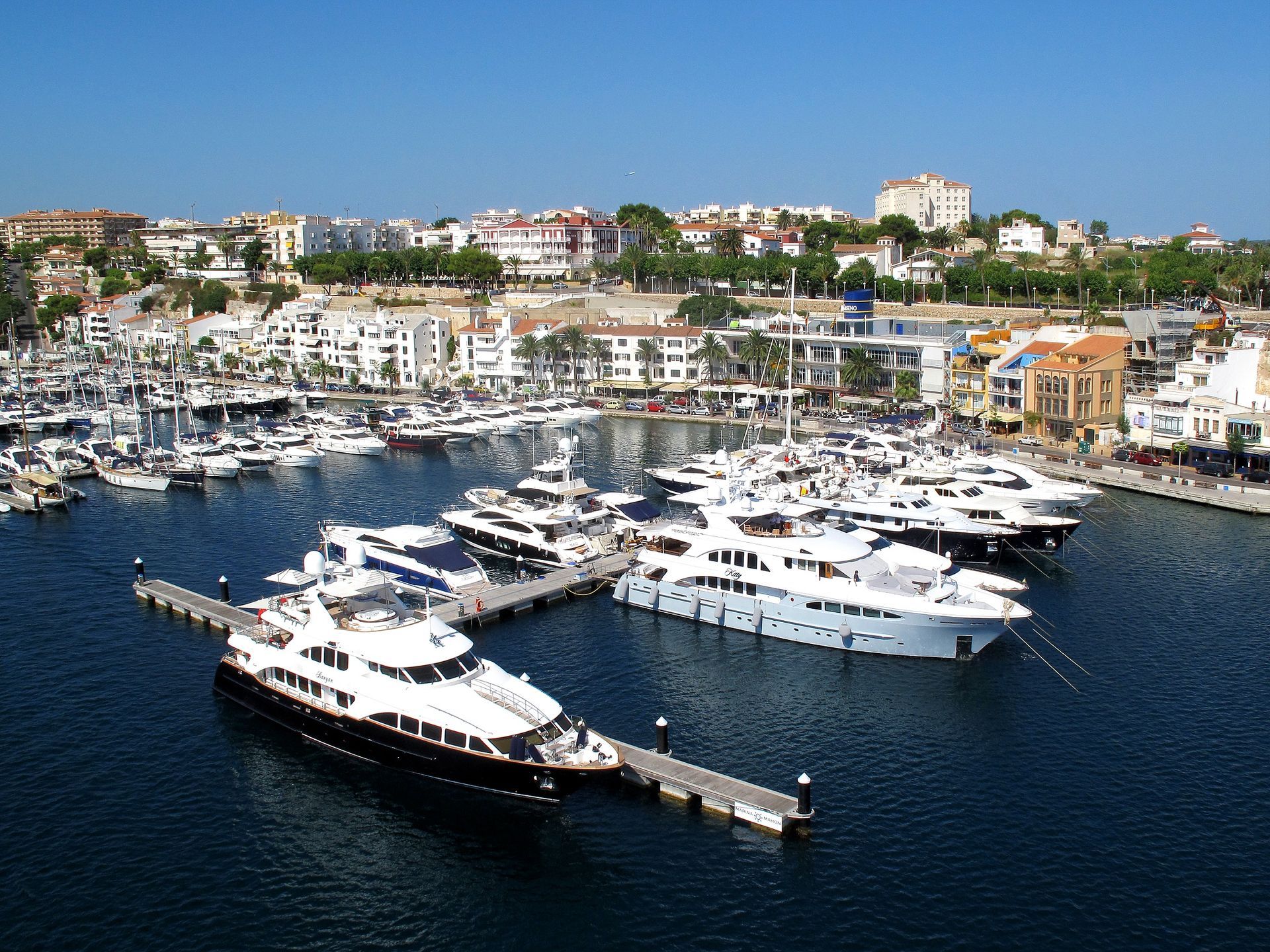 Harbour with superyacht moored 