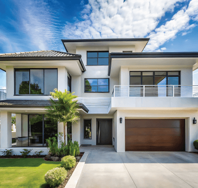 Two-story modern white house with a brown garage door, black-framed windows, and a balcony; set against a blue sky.