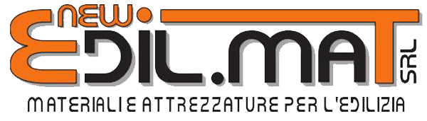 Logo for New Edil.Ma SRL. Orange and black lettering. Text includes "materiale attrezzature per l'edilizia."