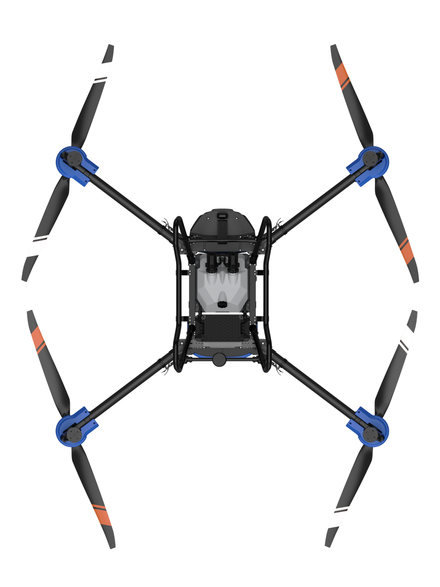An aerial view of a drone with propellers on a white background.