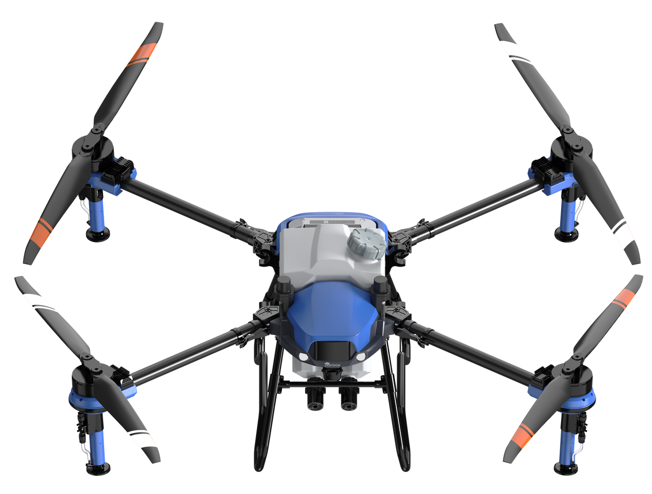 A blue and white drone with four propellers on a white background.