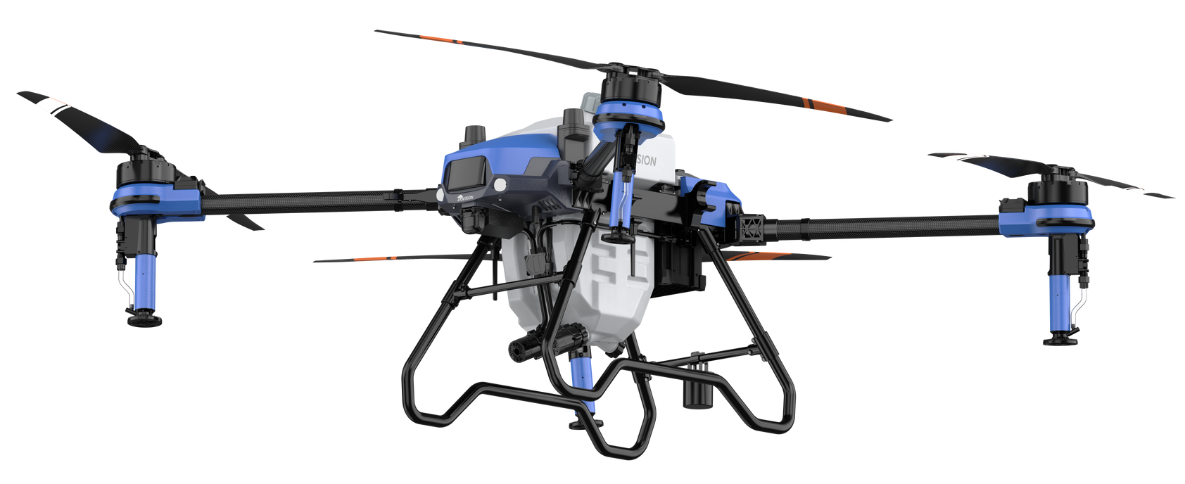 A blue and white drone is flying in the air on a white background.