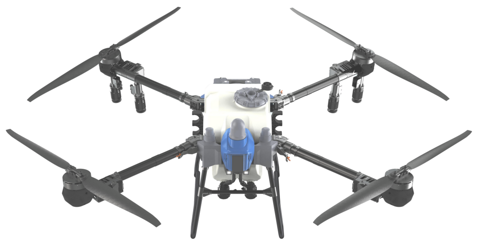 A white and blue drone with four propellers on a white background.