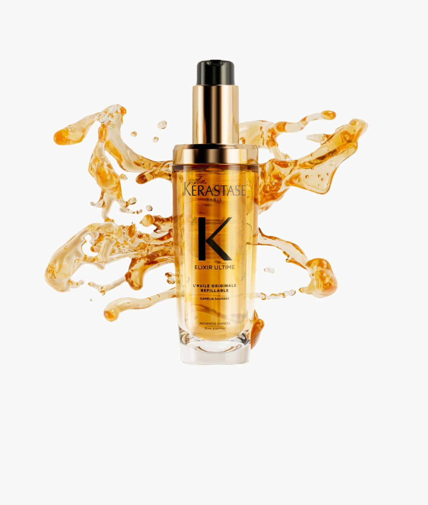 A glass bottle of Kérastase Elixir Ultime hair oil surrounded by dynamic, golden liquid splashes on a white background.