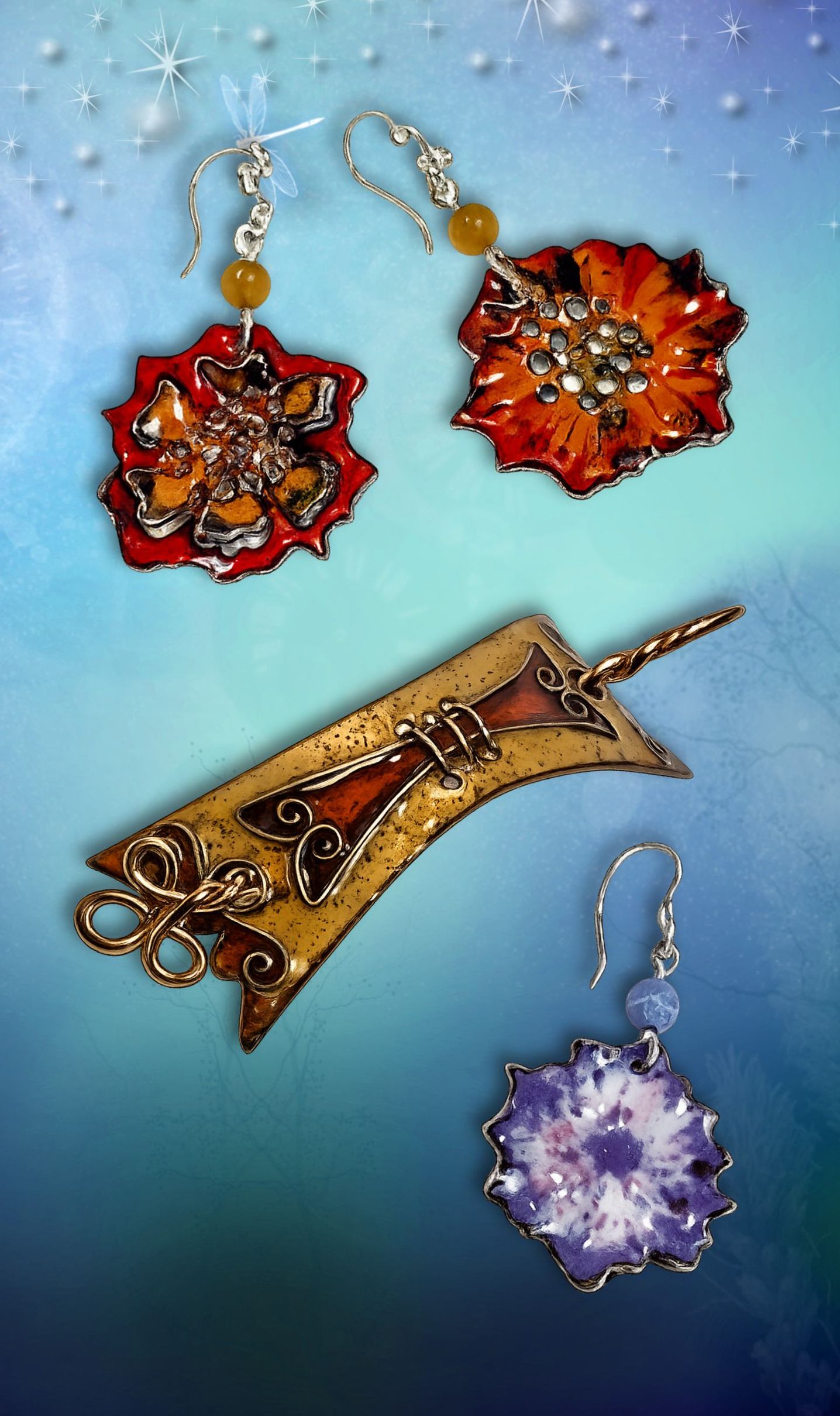 Geëmailleerde sieraden van Aynur Sieraden – voorbeeld van handgemaakte emaille techniek met kleurrijke bloemvormen