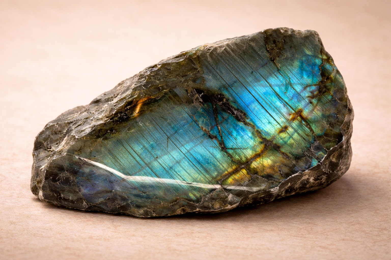 Labradoriet edelsteen – natuurlijke steen met iriserende blauwgroene glans en ruwe structuur