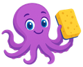 Purple octopus holding a yellow sponge, smiling.