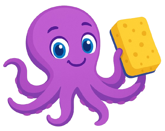 Purple octopus with blue eyes holding a yellow sponge, smiling.