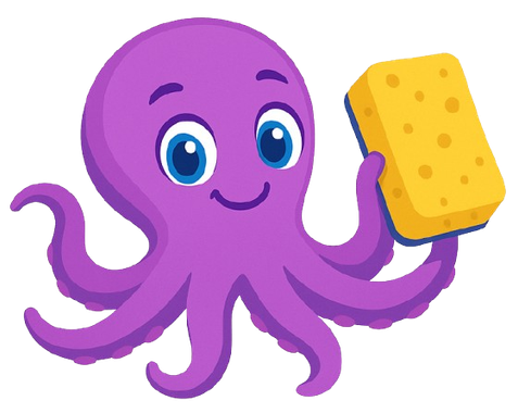 Purple octopus holding a yellow sponge, smiling.