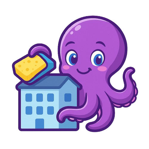 A purple cartoon octopus holding a sponge over a blue house, smiling.