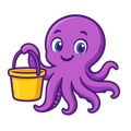 Purple octopus holding a yellow bucket, smiling.