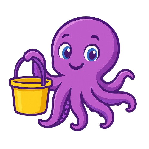 Purple octopus holding a yellow bucket, smiling.