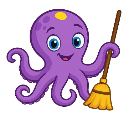 Purple cartoon octopus with blue eyes and a broom, smiling.