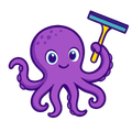 Purple octopus holding a squeegee and smiling.