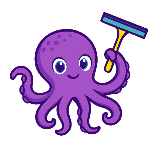 Purple octopus holding a squeegee and smiling.