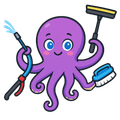Purple octopus with cleaning supplies: water hose, squeegee, and scrub brush.