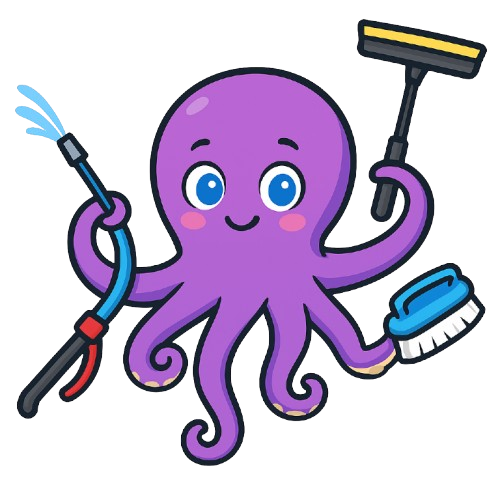 Purple octopus with cleaning supplies: water hose, squeegee, and scrub brush.