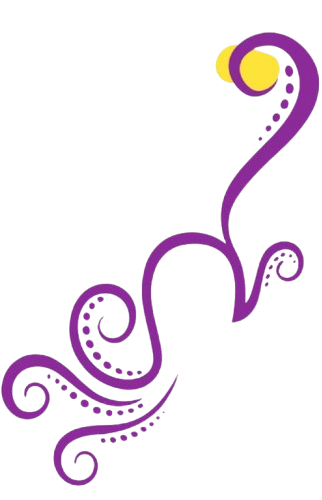 Purple and yellow decorative flourish on white background.