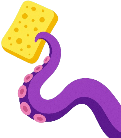 Purple octopus tentacle holding a yellow sponge.