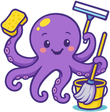 Purple octopus with yellow sponge and mop, next to a yellow bucket, smiling.