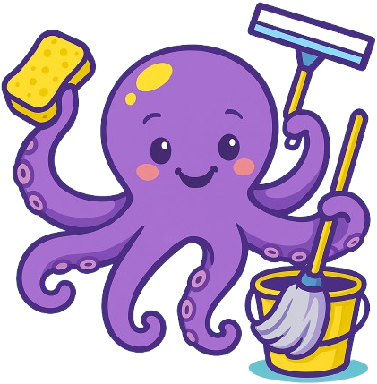 Purple octopus with a yellow sponge and mop cleans with a bucket.