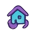 Blue house with purple roof and legs.