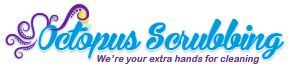 Logo for "Octopus Scrubbing," cleaning service with blue text and a purple octopus graphic.