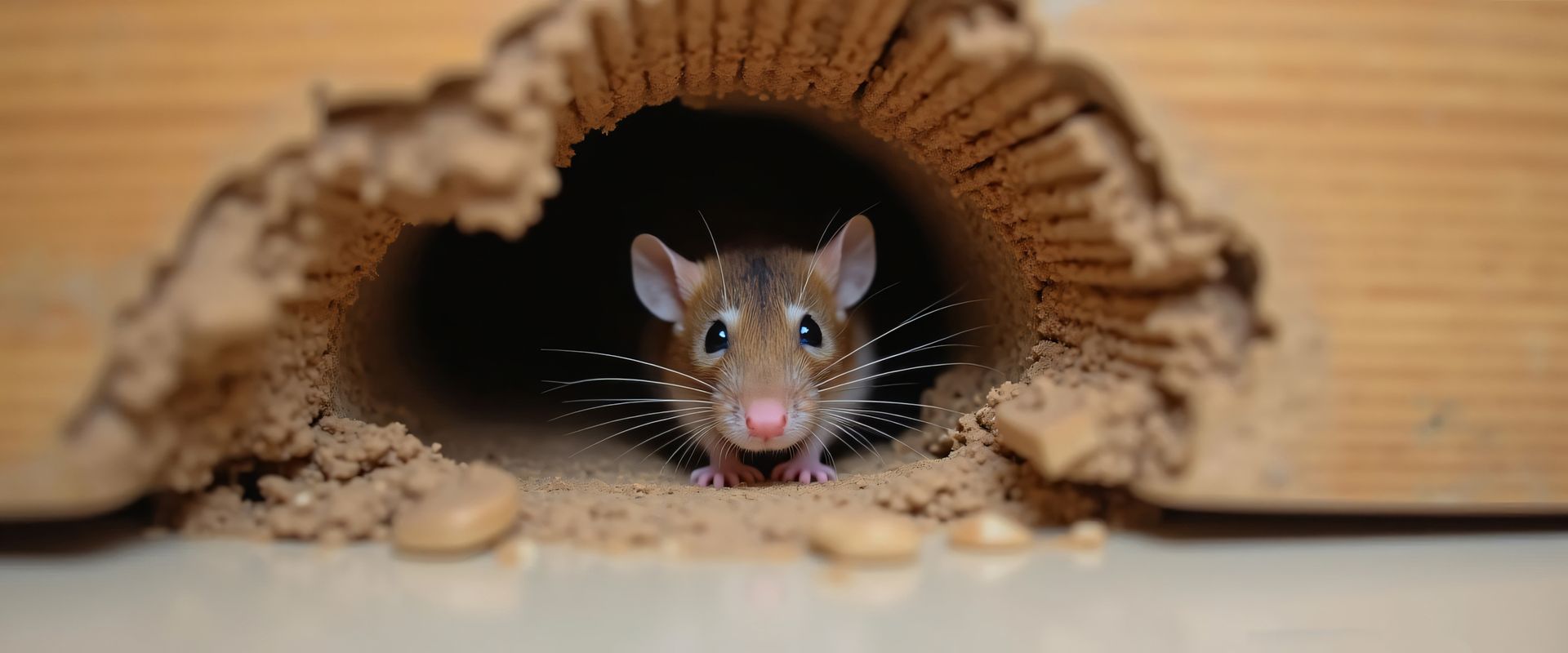 Une souris regarde par un trou dans une structure en bois.