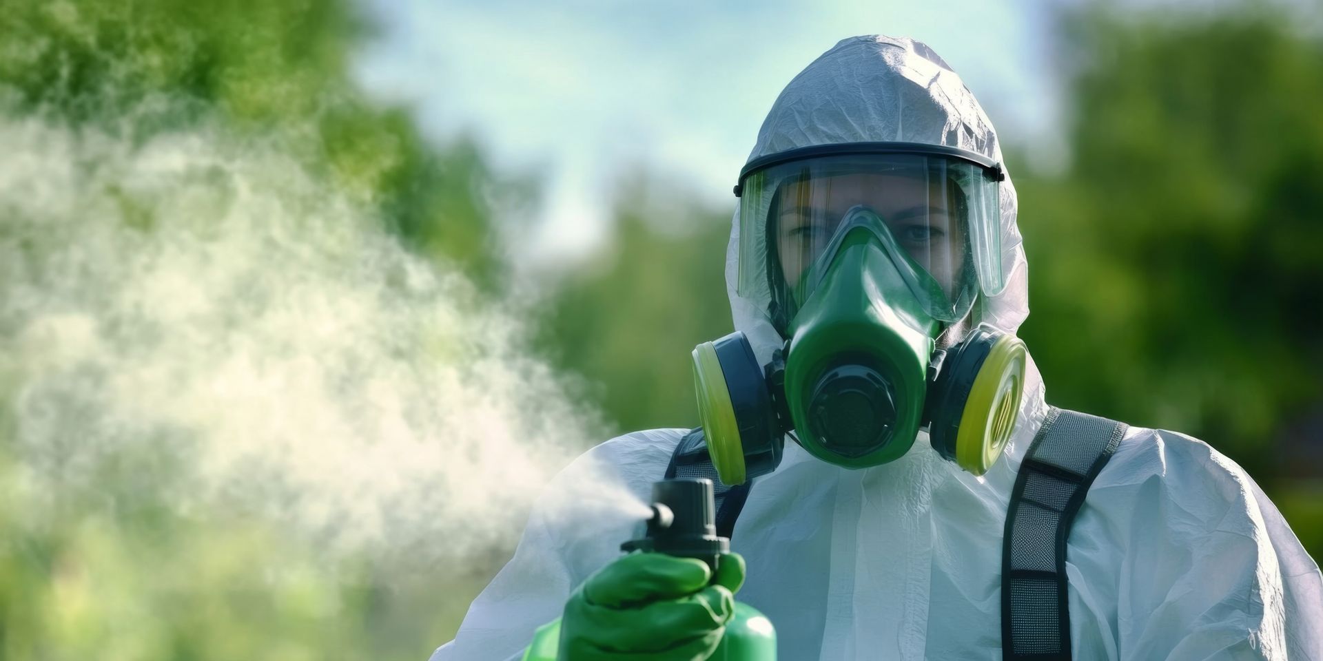 Un homme portant une combinaison de protection et un masque pulvérise une pelouse avec un pulvérisateur.