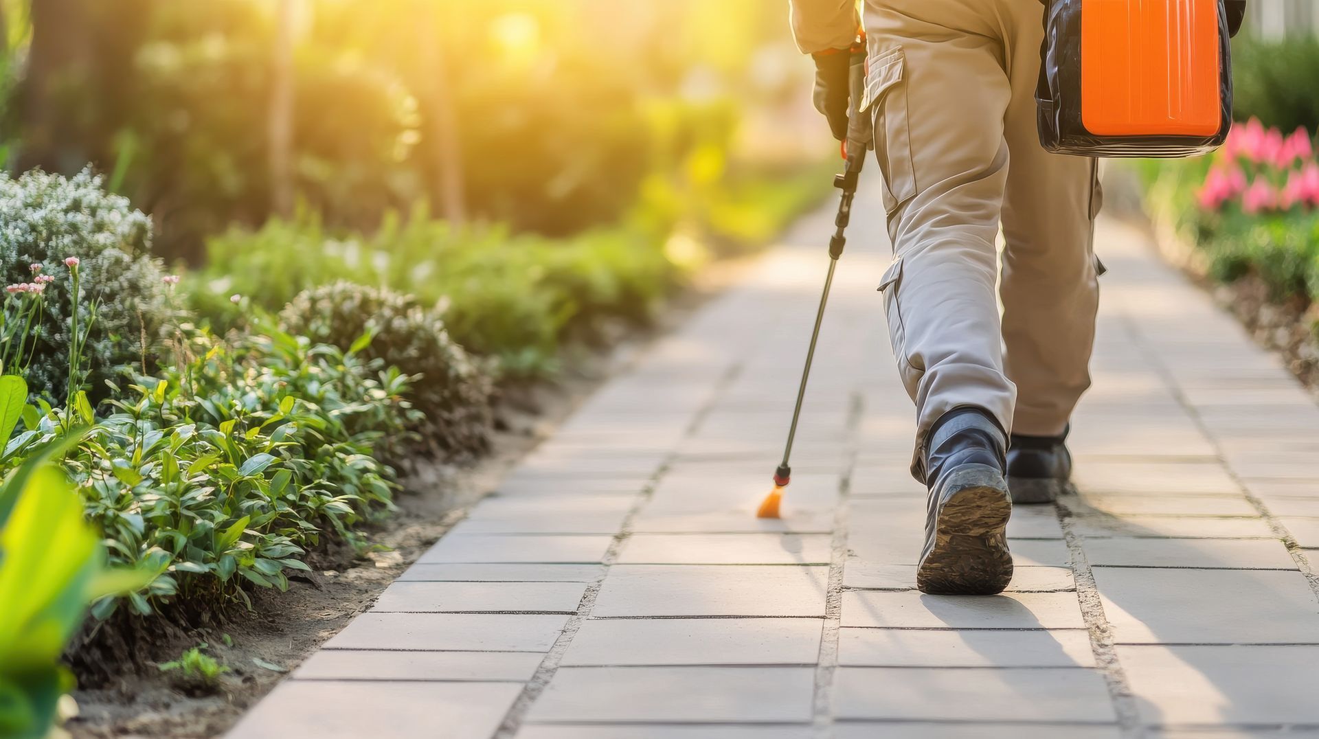 Une personne pulvérise un pesticide sur une allée pavée bordée de plantes, dans un jardin, en plein soleil.