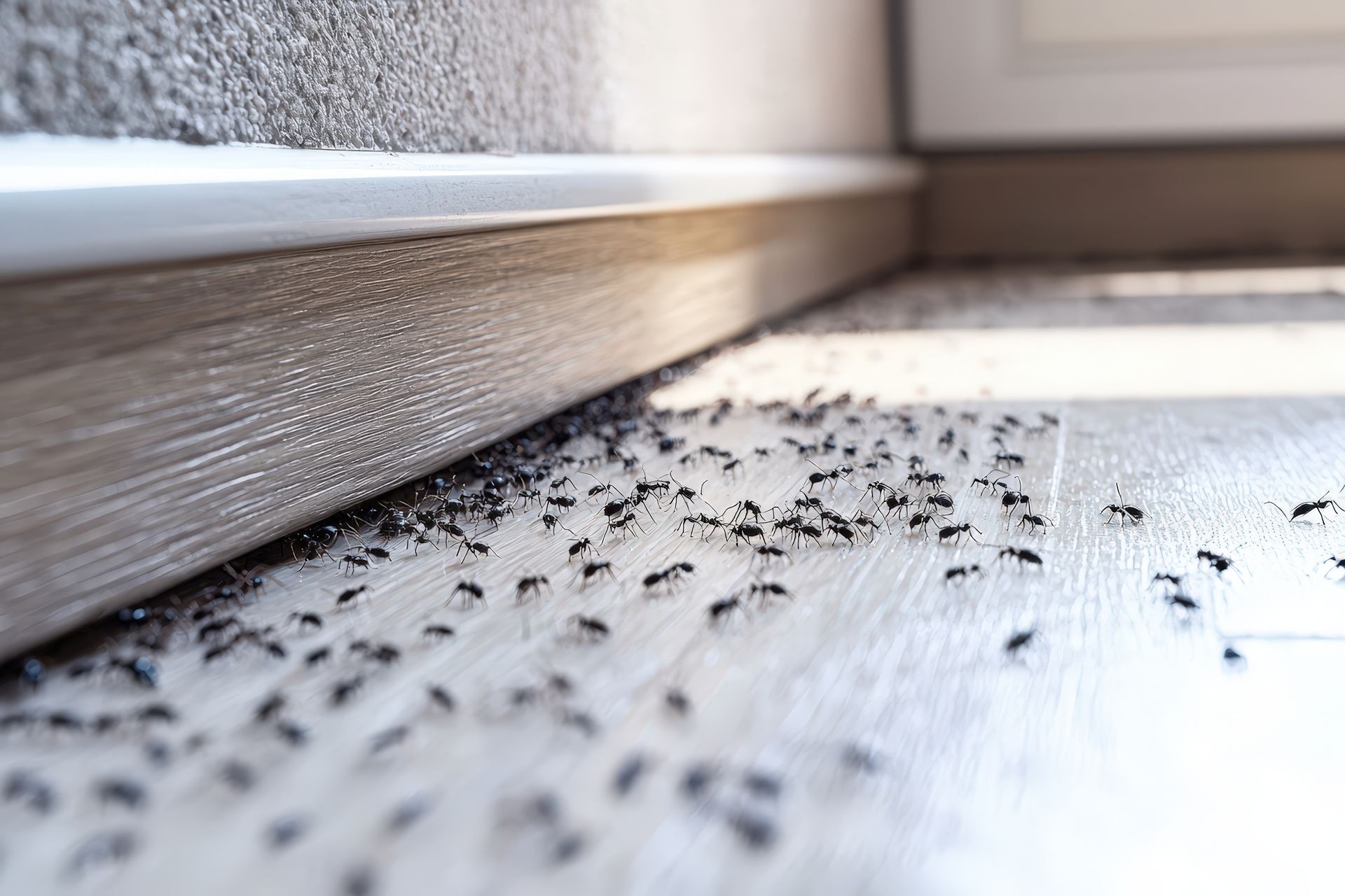 Des fourmis rampent sur un plancher en bois près d'une plinthe. La lumière du soleil inonde la pièce.