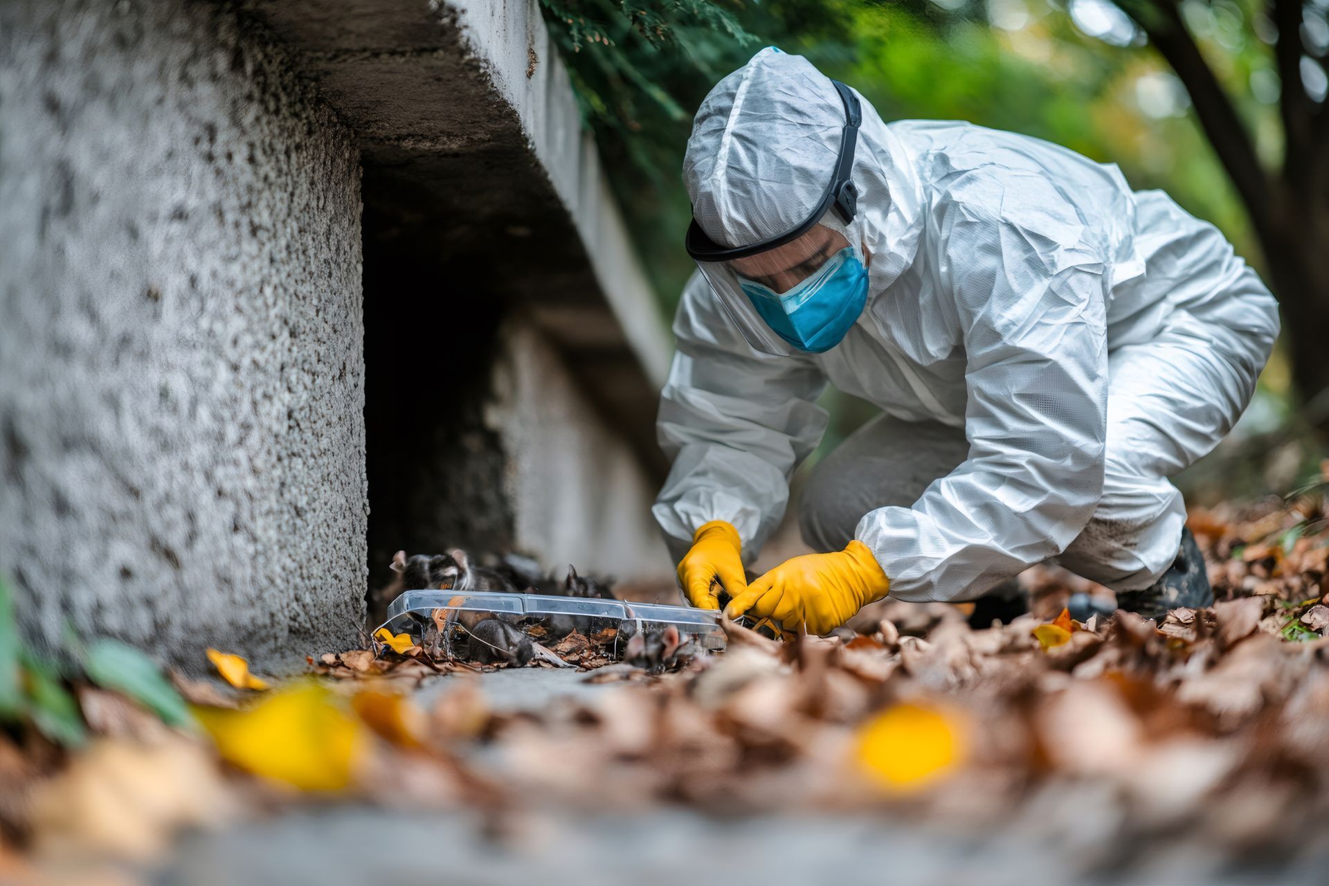 Une personne en combinaison de protection inspecte un terrier sous un bâtiment et prélève des échantillons.