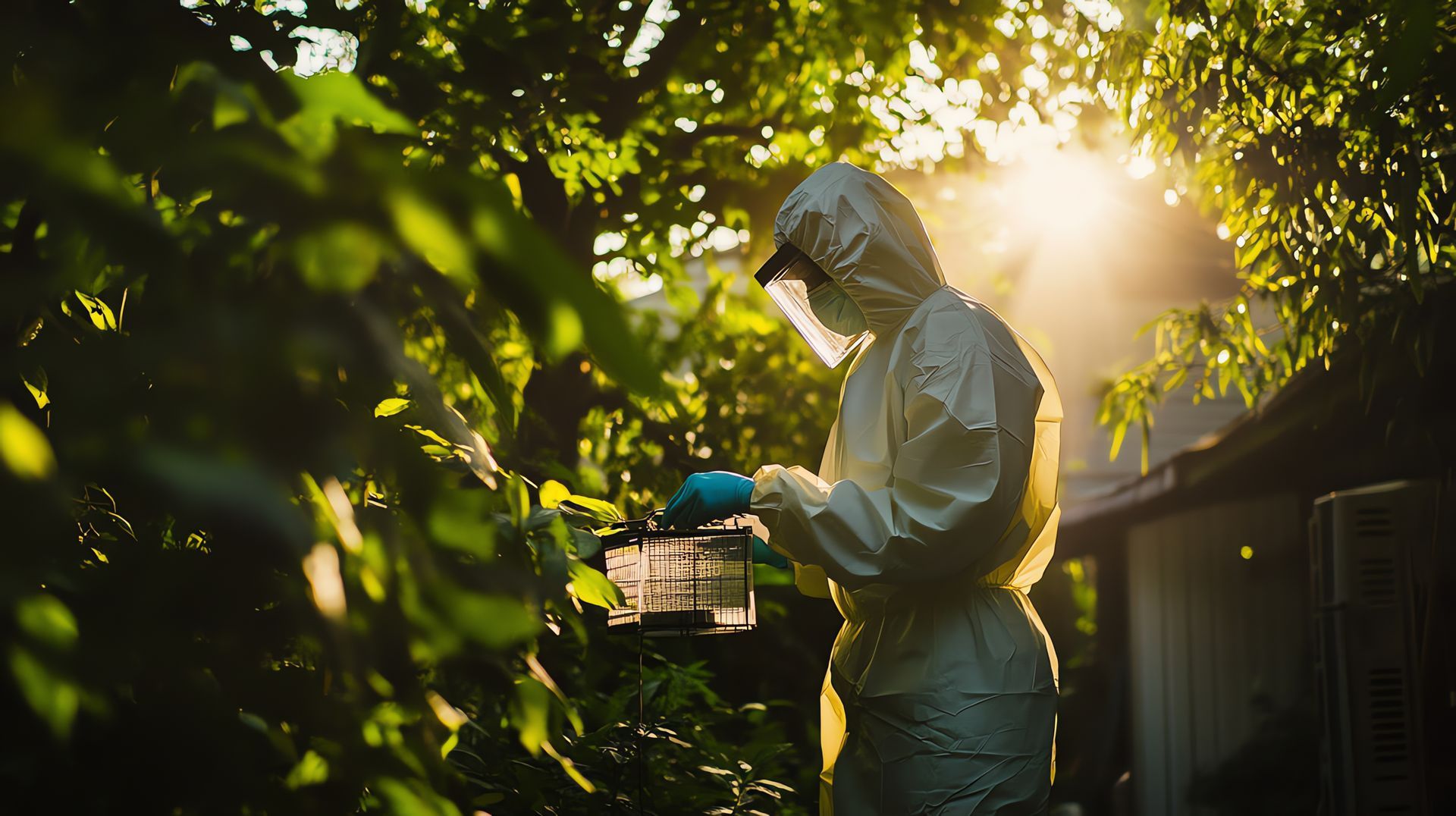 Personne en combinaison de protection, inspectant quelque chose dans un jardin baigné de soleil.