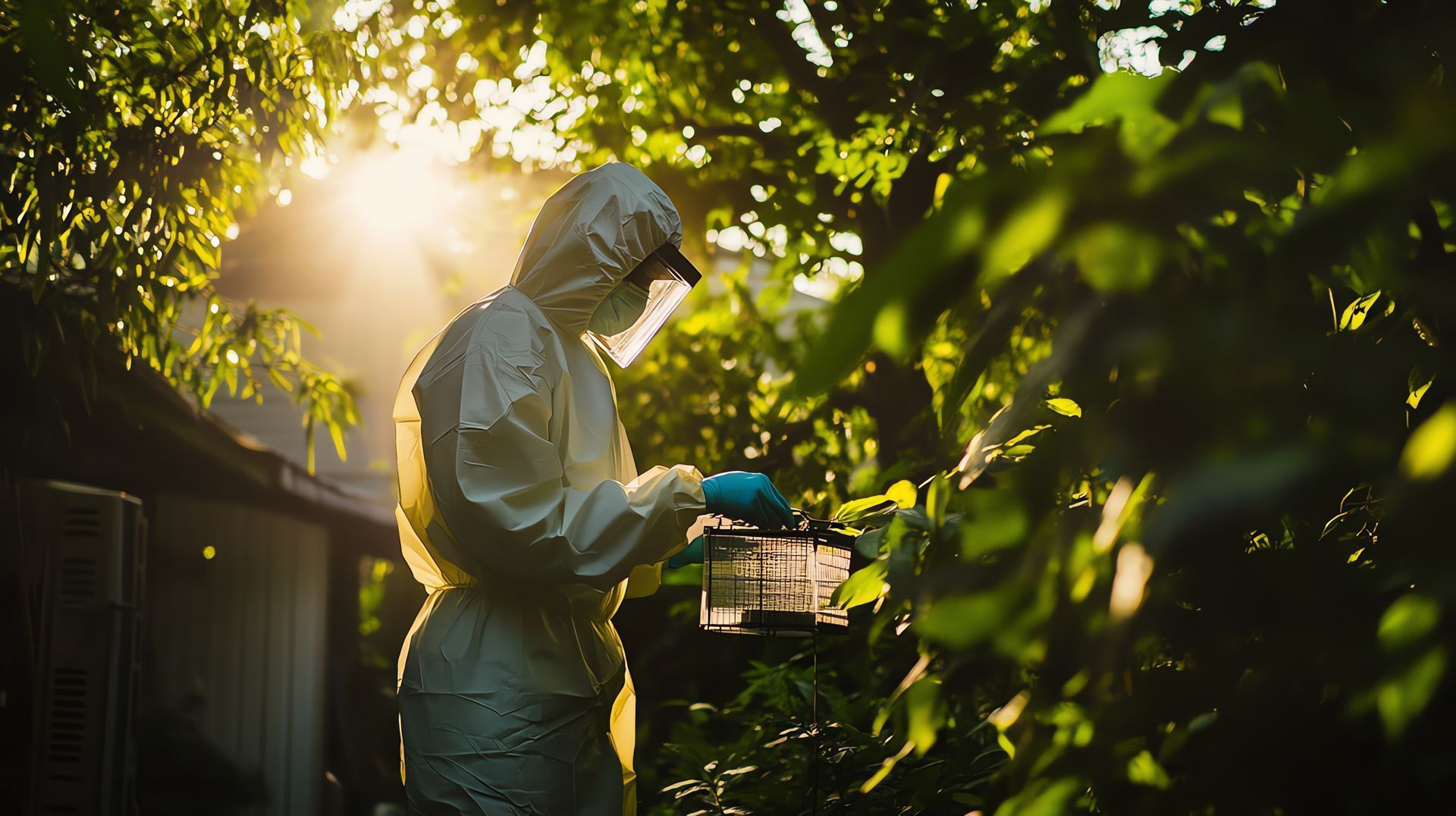 Personne en combinaison de protection pulvérisant des plantes à l'extérieur, à contre-jour.
