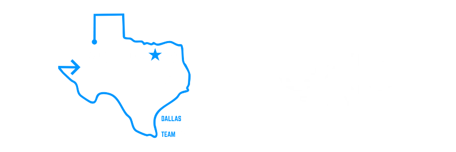A blue outline of the state of texas with an arrow pointing to dallas.
