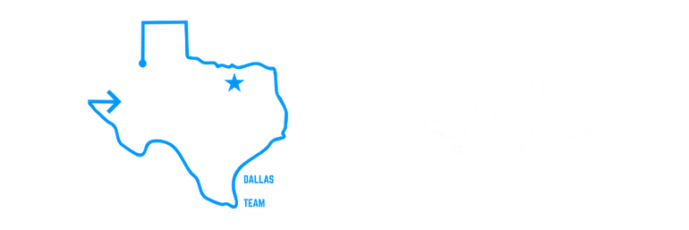 A blue outline of the state of texas with an arrow pointing to dallas.