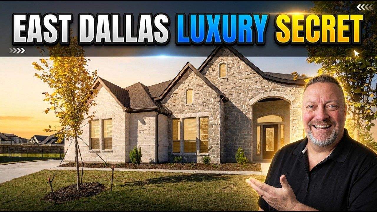 A smiling man gestures toward a luxury stone-facade home at sunset, with the text 