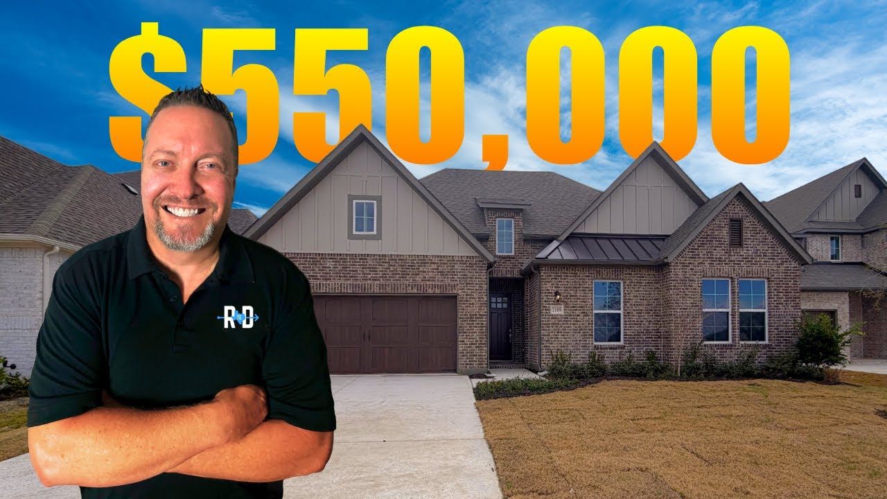 Real estate agent in front of a house, price displayed as $550,000.