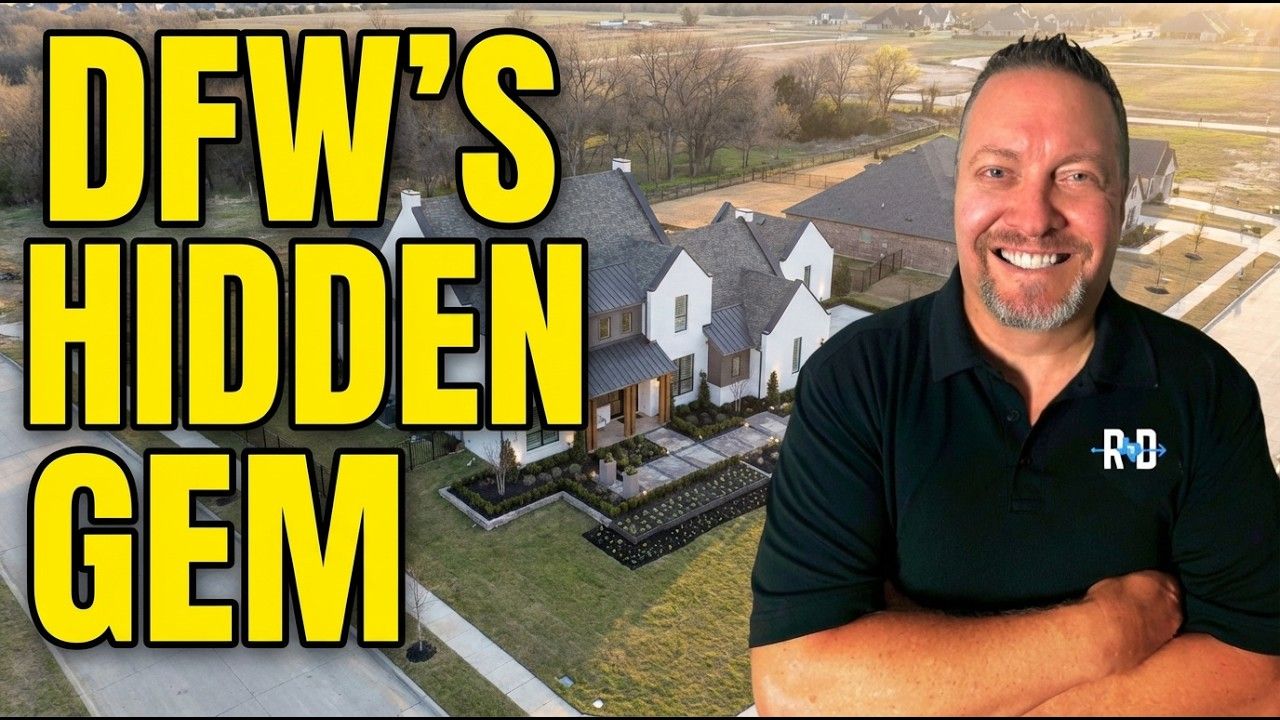 A smiling man in a black polo shirt stands before a large, aerial-view suburban house with the text 