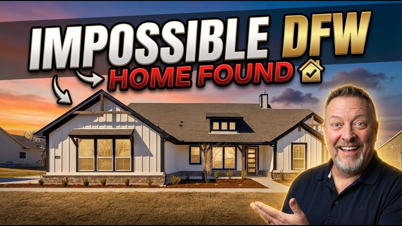 A man smiles and gestures toward a modern white house under a sunset sky, with the text