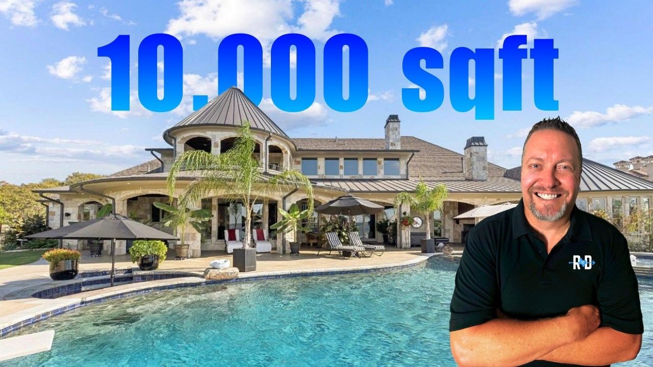 Man smiling in front of a large house with a pool. Text 