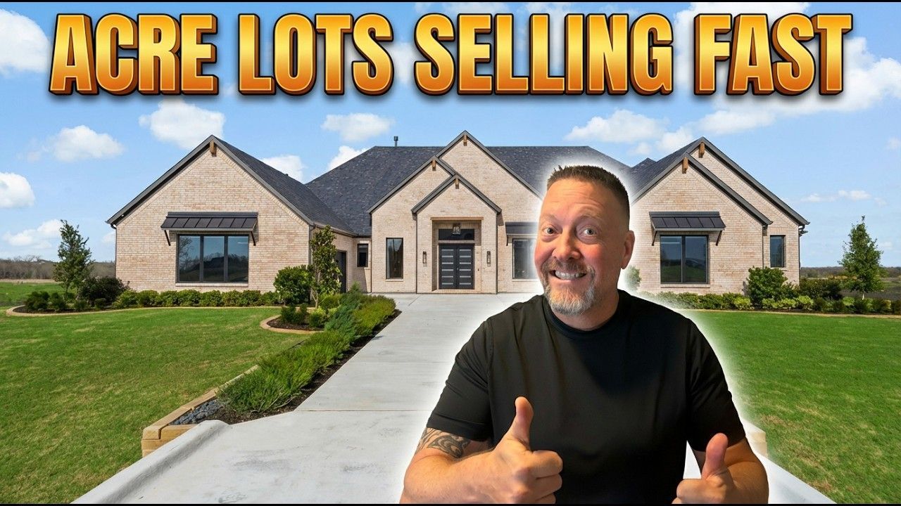 Man thumbs up in front of a house with text “ACRE LOTS SELLING FAST”