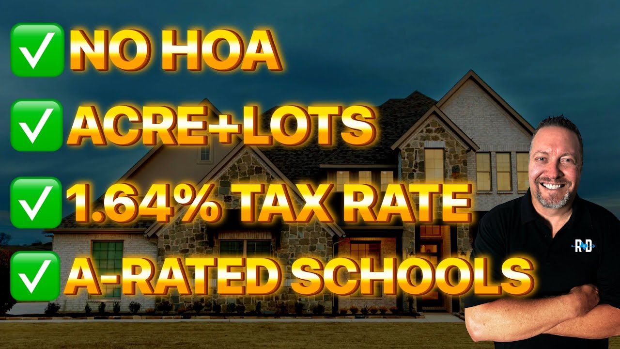 A man standing in front of a house with the words no hoa acre + lots and a-rated schools