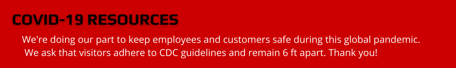 Text on red background: COVID-19 Resources, safety measures for employees and customers, adherence to CDC guidelines.