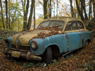 Rusty blue and yellow vintage car covered in leaves, parked in a wooded area.