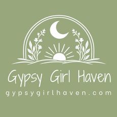 Gypsy Girl Haven logo with moon, sunrise, and floral arch on sage green background