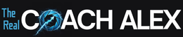 The Real Coach Alex logo with blue circular “O” graphic on a black background