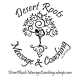 Circular black-and-white logo for “Desert Roots Nursery & Consulting” with a tree and root illustration.