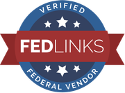 A red , white and blue badge that says fedlinks federal vendor