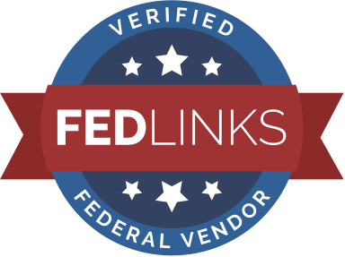 A red , white and blue badge that says fedlinks federal vendor